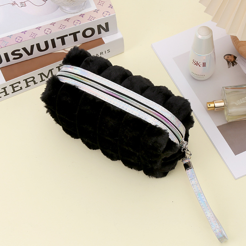 New Fashion Simple Cosmetic Bag Rabbit Fur Strip Long Velvet Cosmetic Bag Large Capacity Handbag High-End Storage Bag