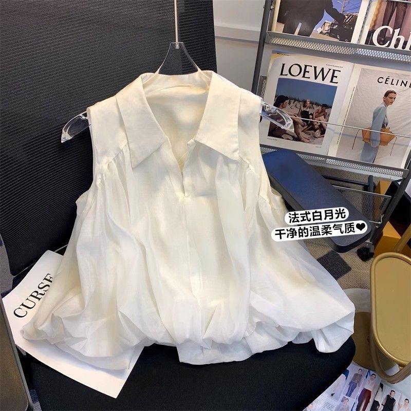 法式气质网纱白色衬衫设计感2024夏季宽松无袖背心女外穿仙女上衣