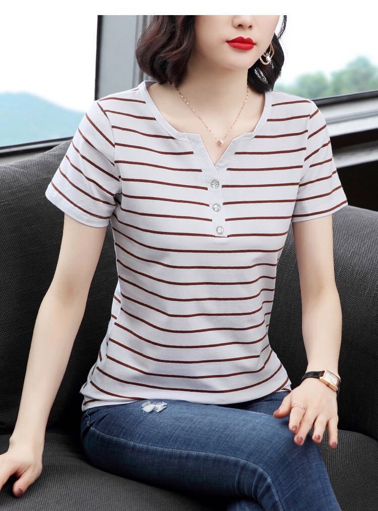 2021夏新款上衣条纹短袖t恤女夏季大码显瘦韩版宽松百搭遮肉女装