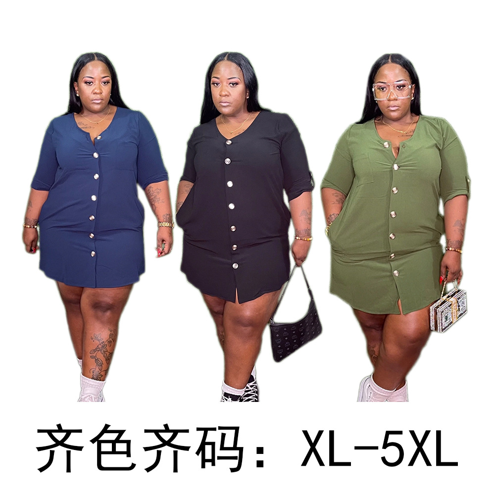 gt9976欧美女装胖妹加大纯色欧美气质通勤连体连衣裙宽松装有口袋