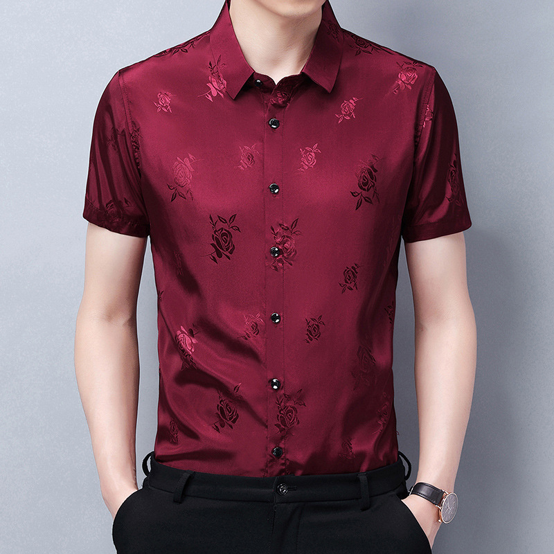 Ice Silk Satin Surface Shirt Men's Short Sleeve 2023 Summer New Heavy Top Half Sleeve Rose Jacquard Shirt Fashion