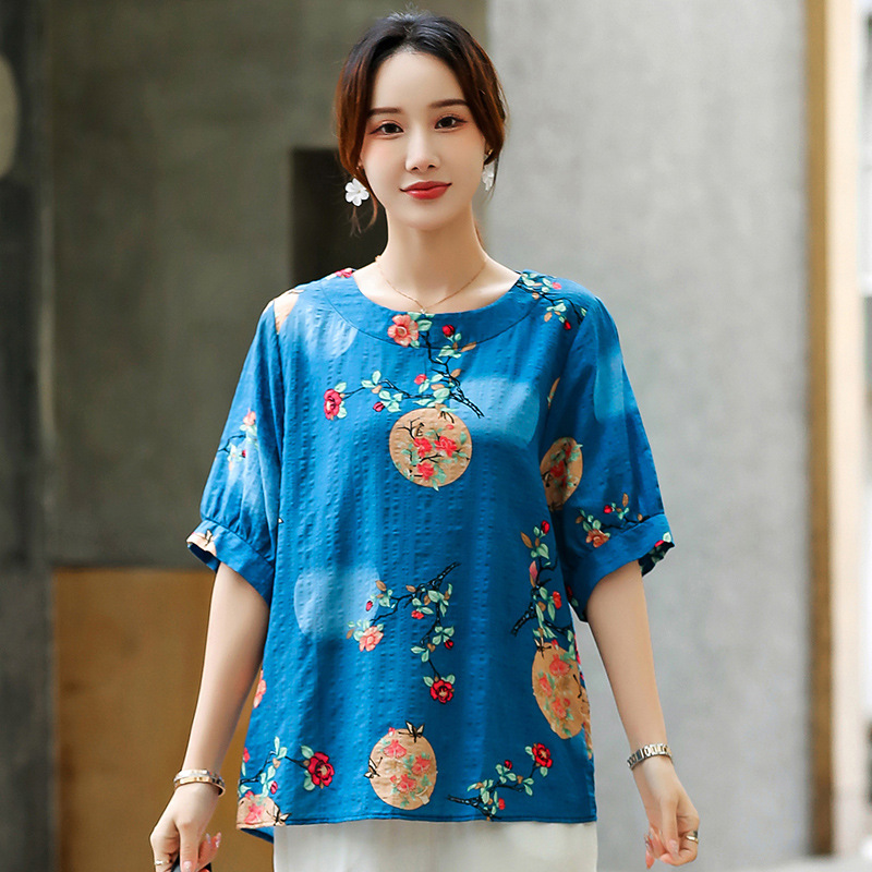 Summer T-shirt Elegant Middle-Aged and Elderly Women Mom Summer Clothes Fat plus Size Cotton Silk Top Women's Thin Loose 100.00kg