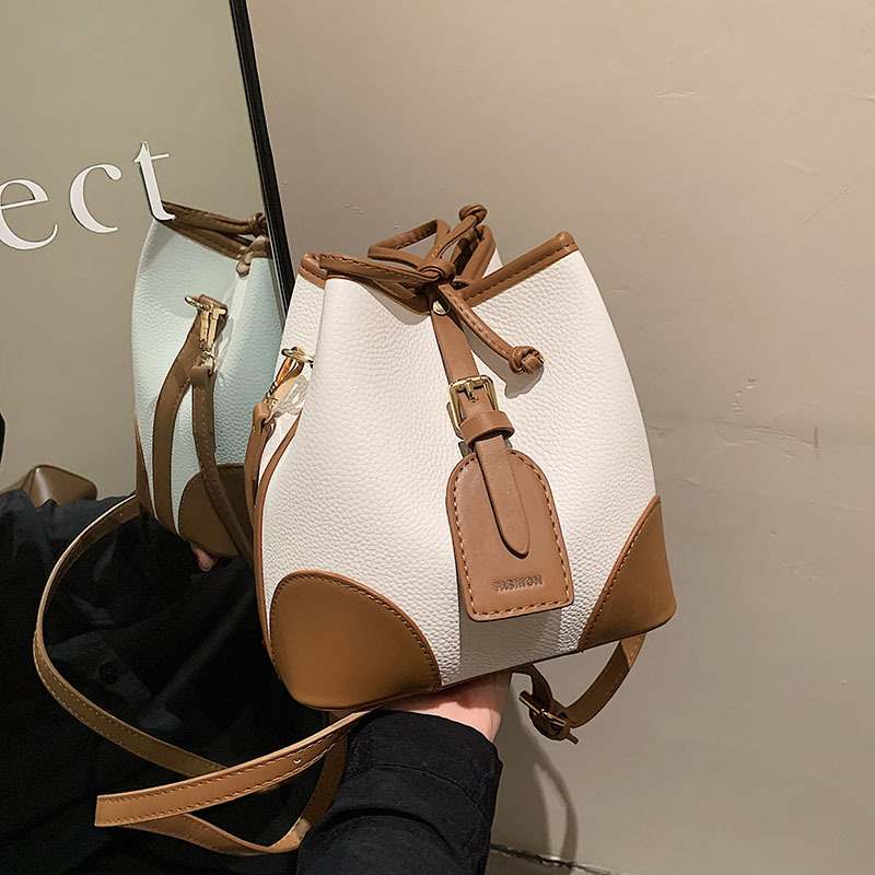 Soft Leather Bag Women's Bag 2021 Autumn New Simple Elegant One-Shoulder Crossbody Bag Contrast Color Bucket Bag One Piece Dropshipping