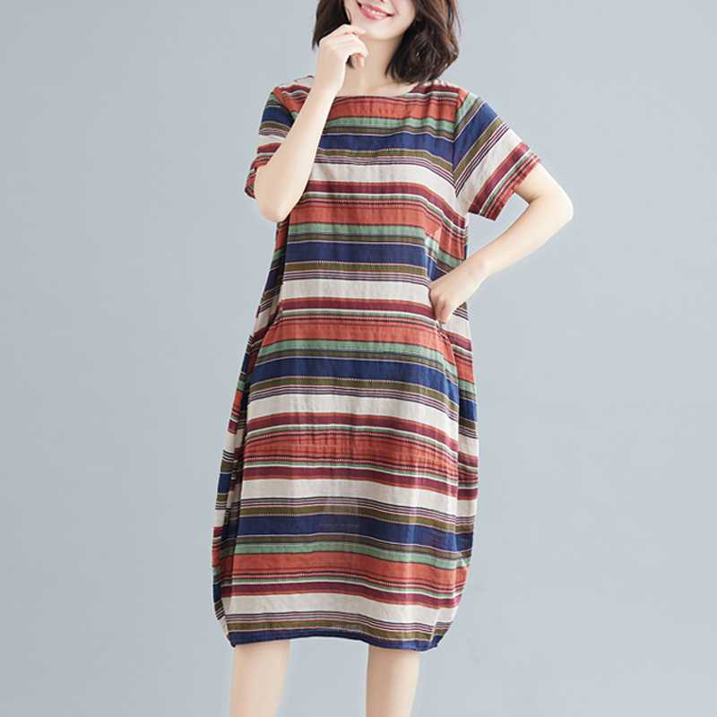 2021新款女夏条纹棉麻连衣裙直筒宽松棉绸中长款休闲印花苎麻长裙