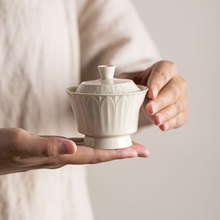 中式定窑白莲瓣盖碗茶杯手工复古陶瓷泡茶碗功夫茶具 不烫手茶碗