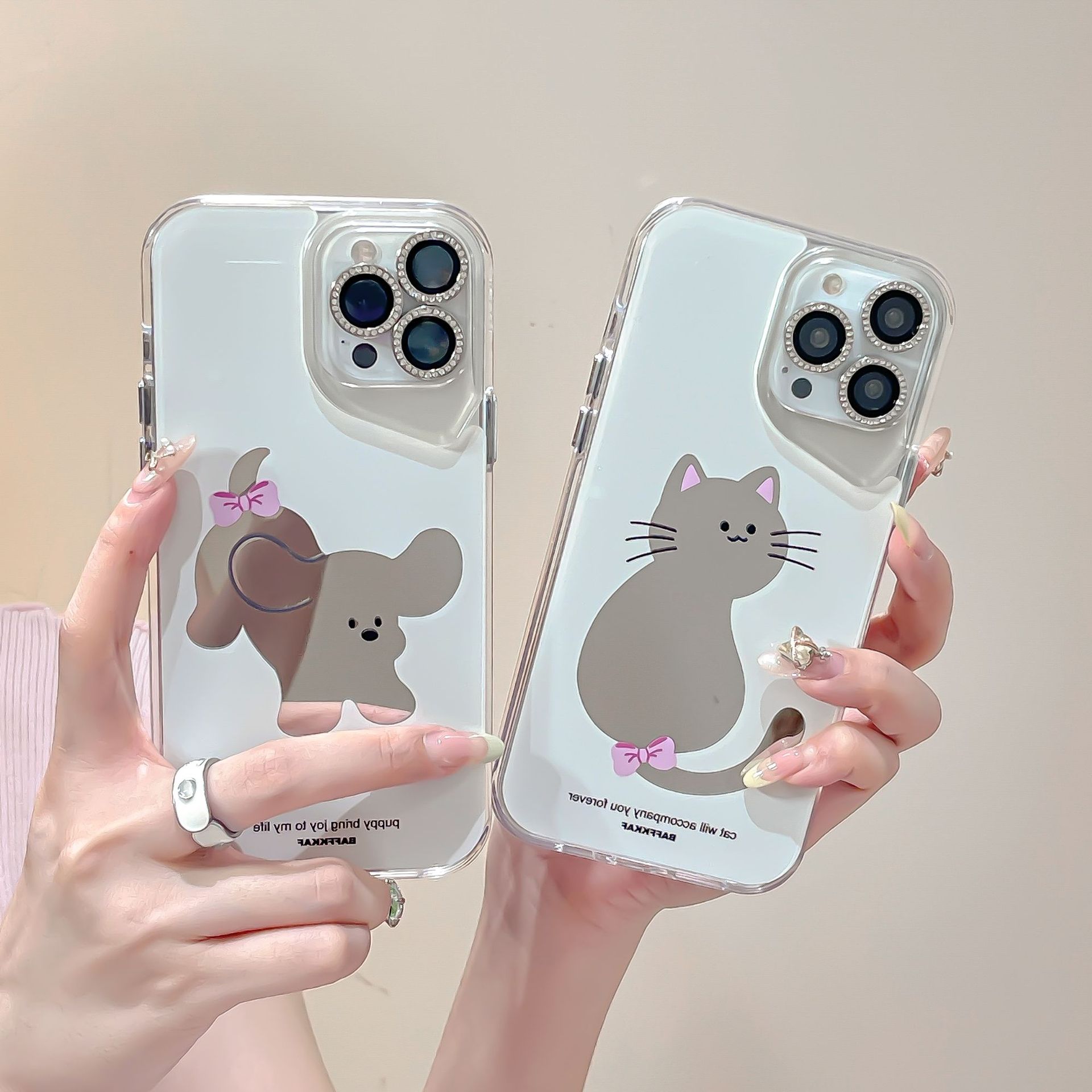 可爱小狗猫咪镜面适用苹果15promax手机壳iphone13/14pro女款12