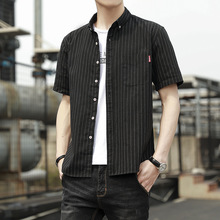 男士衬衫夏季新款韩版修身潮流青年休闲风小清新条纹格子短袖衬衣