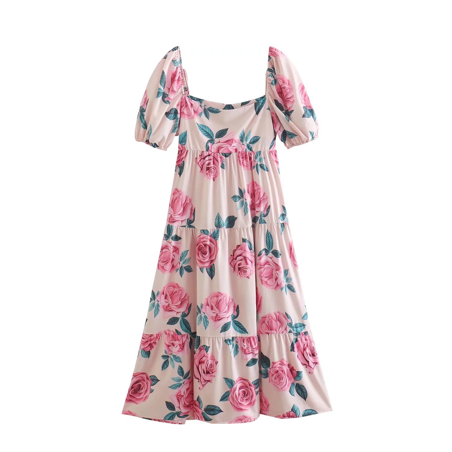 2022欧美早春新款女装花朵方领印花连衣裙u7-305