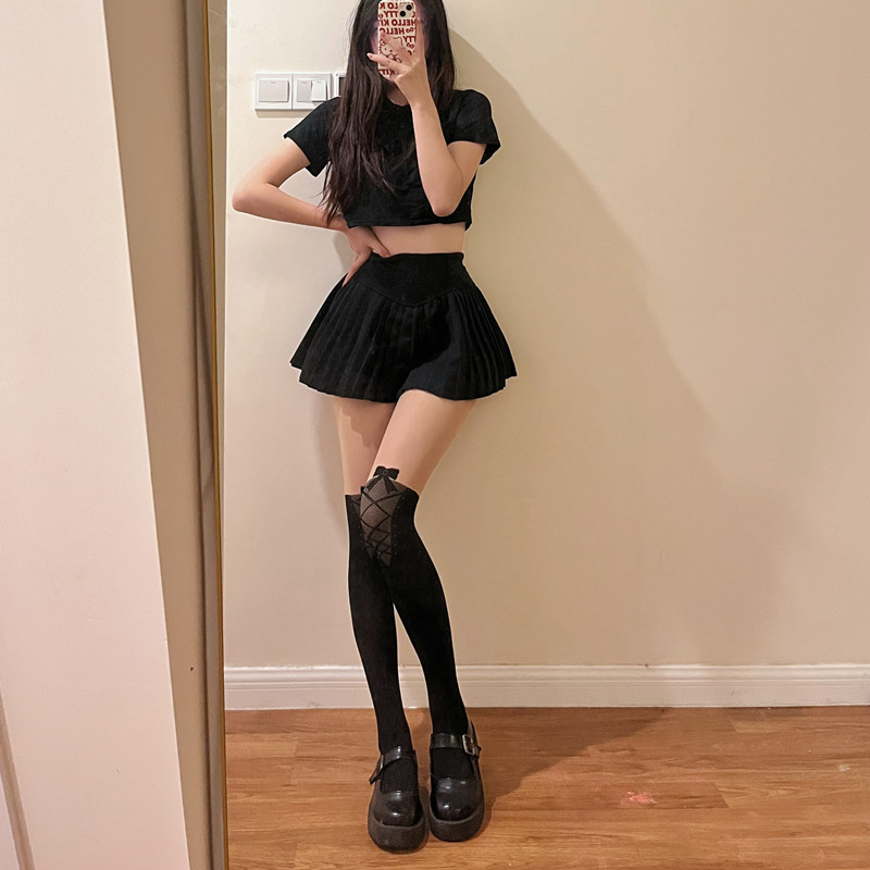 日系薄款拼接丝袜春秋女jk连裤袜假高筒肤色过膝蝴蝶结绑带连裤袜