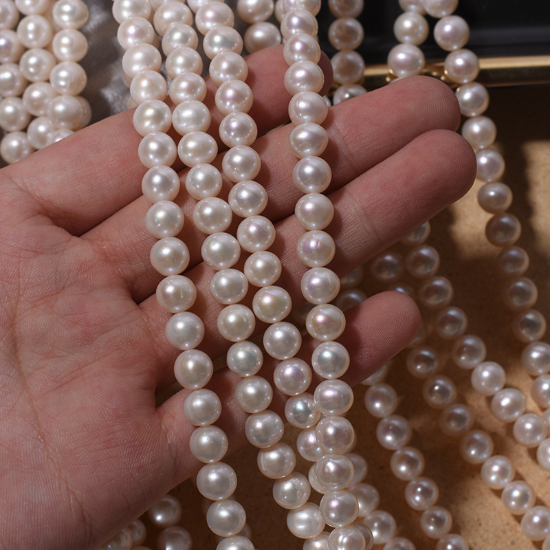 批发7mm近圆天然淡水珍珠半成品项链强光裸珠diy手工穿珠材料