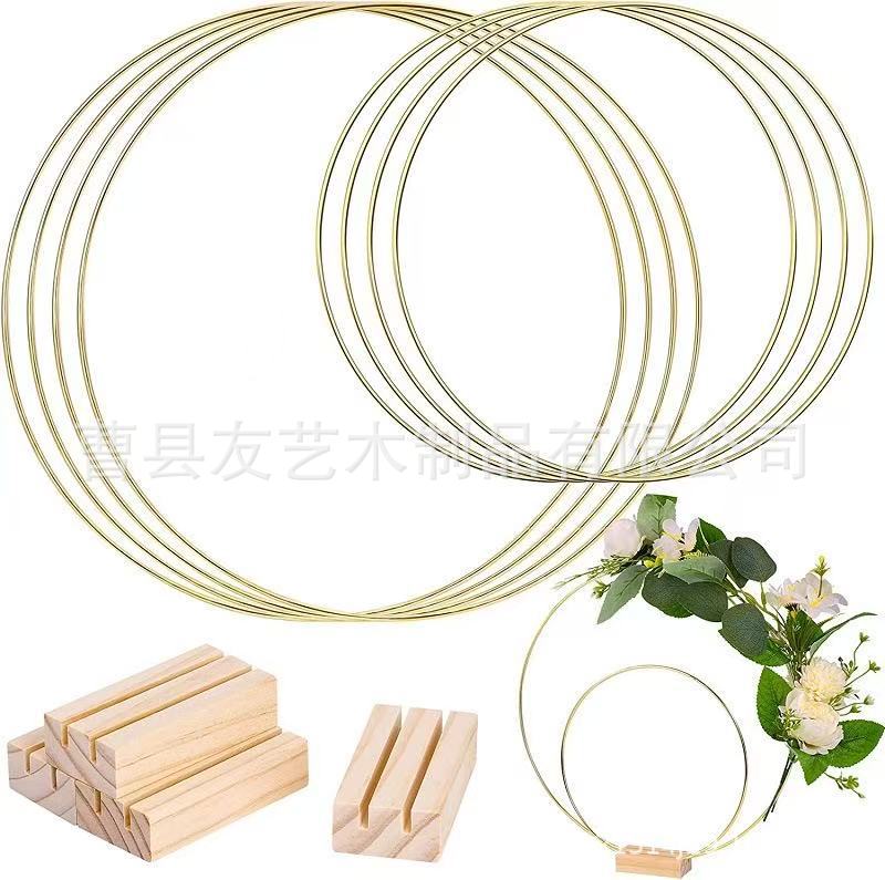 跨境金色铁圈捕梦网木底座铁环装饰婚礼道具餐桌中心木质花环摆件