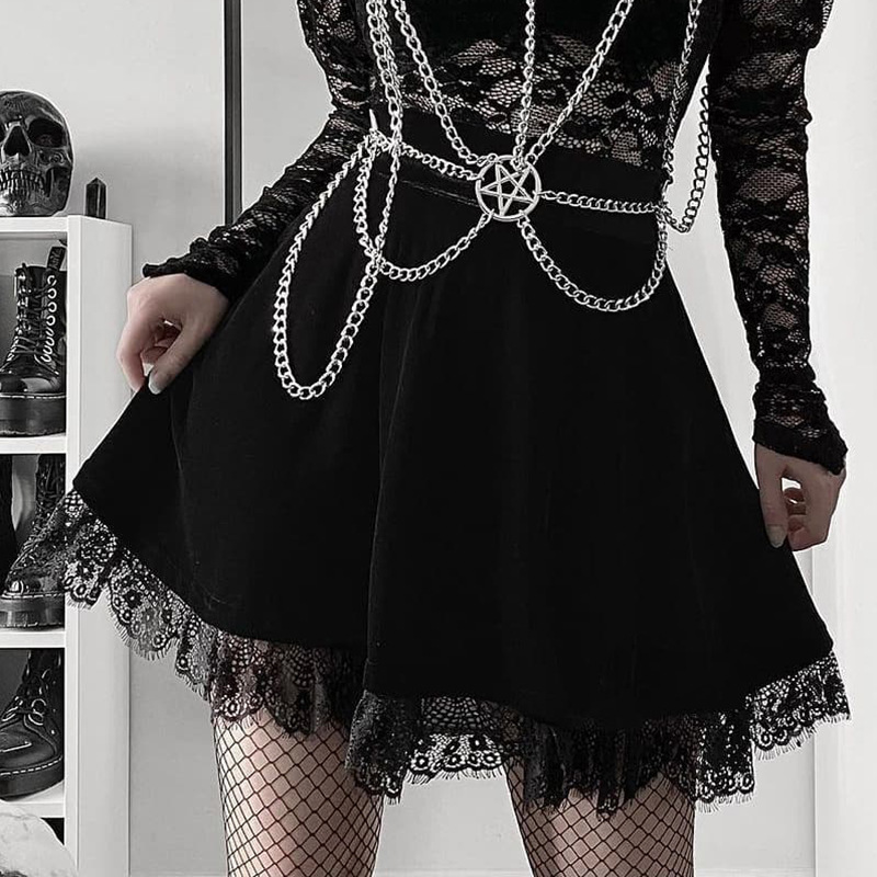 yj21260暗黑系绒面蕾丝花边短裙 欧美哥特风高腰个性半身裙女装潮