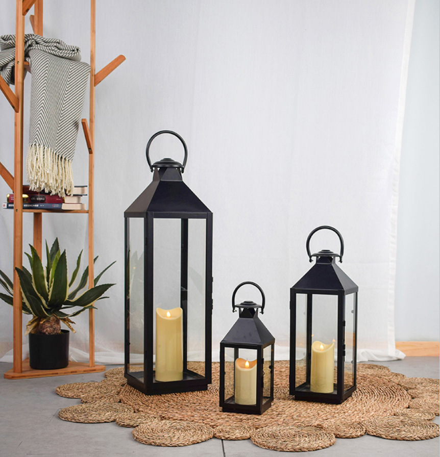 Nordic Modern Wrought Iron Windproof Candle Holder Ornaments Chinese Outdoor Simplicity Floor-Standing Storm Lantern Hotel Homestay Decorative Ornaments