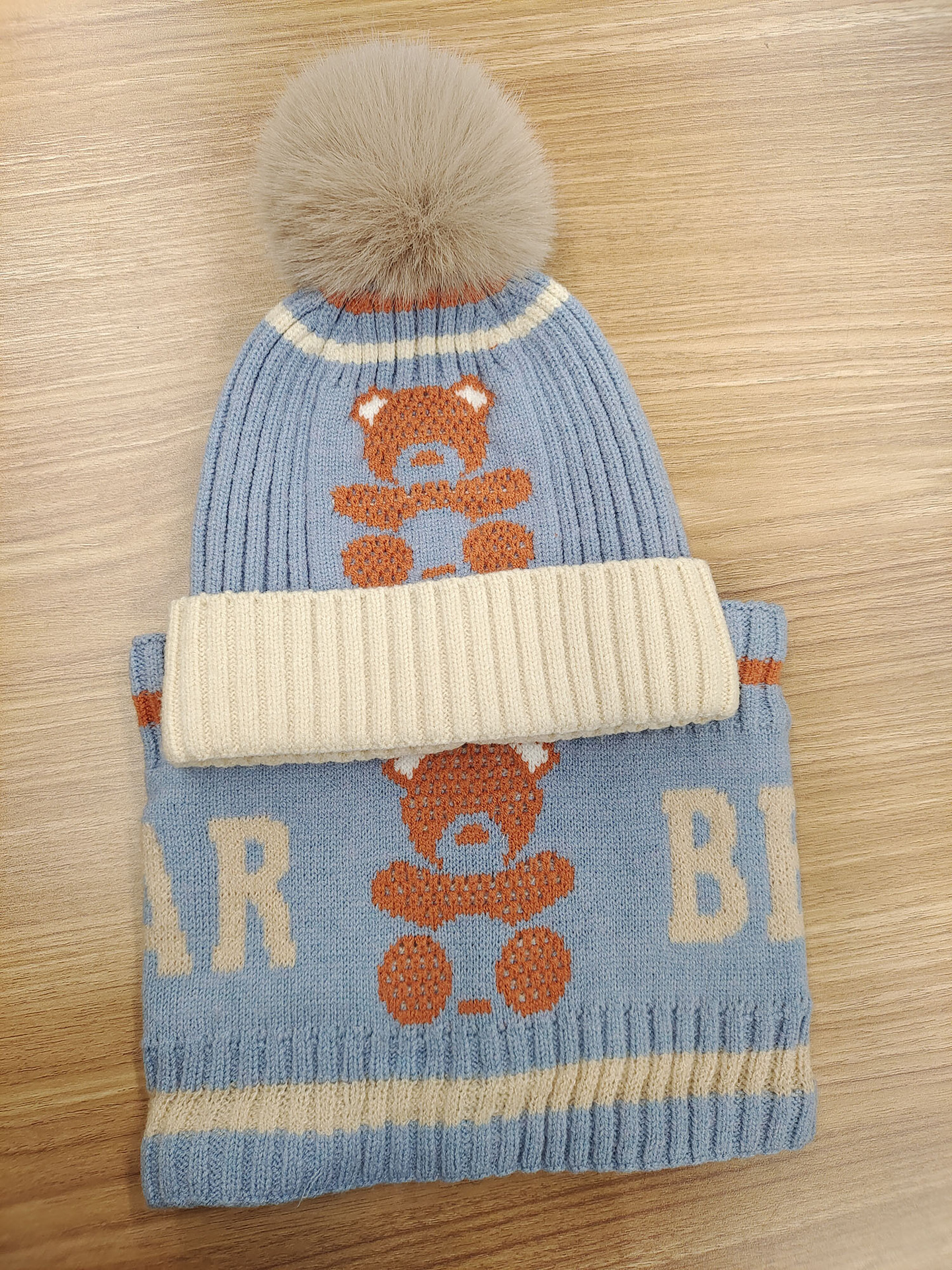 Dudula 2022 Winter Knitted Hat Children's Warm Hat Woolen Cap Jacquard Letter Bear Hat Set