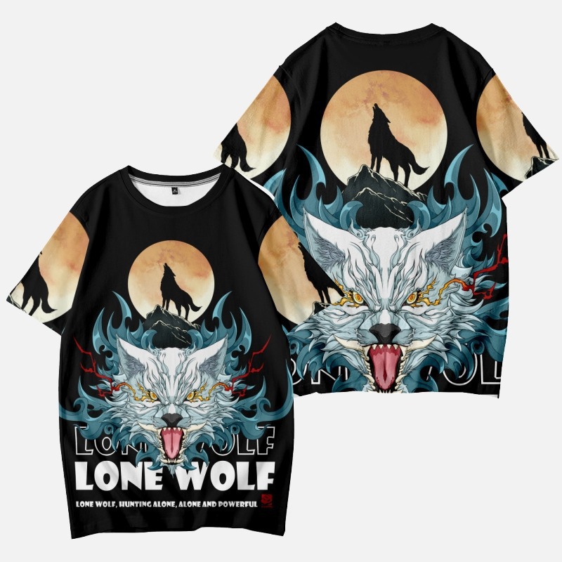 潮牌印花狼图腾短袖t恤男潮宽松夏季男生体恤半袖衣服英爵伦ins