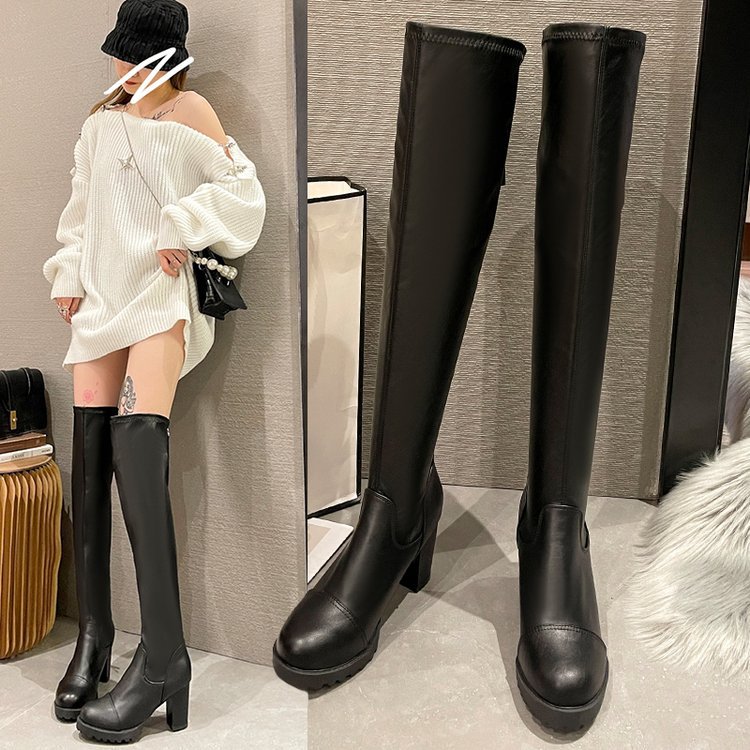 2023年秋冬新款粗跟过膝弹力高筒靴瘦瘦靴厚底骑士靴长筒靴女靴