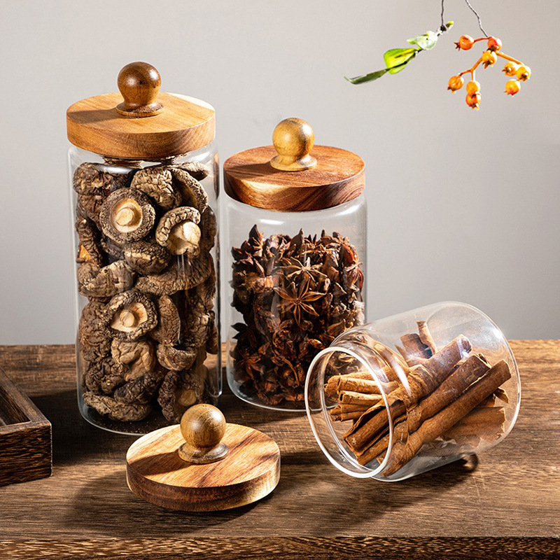 chinese style wooden lid glass jar dustproof sealed tank borosilicate glass storage tank cooking spices nuts moisture-proof storage tank