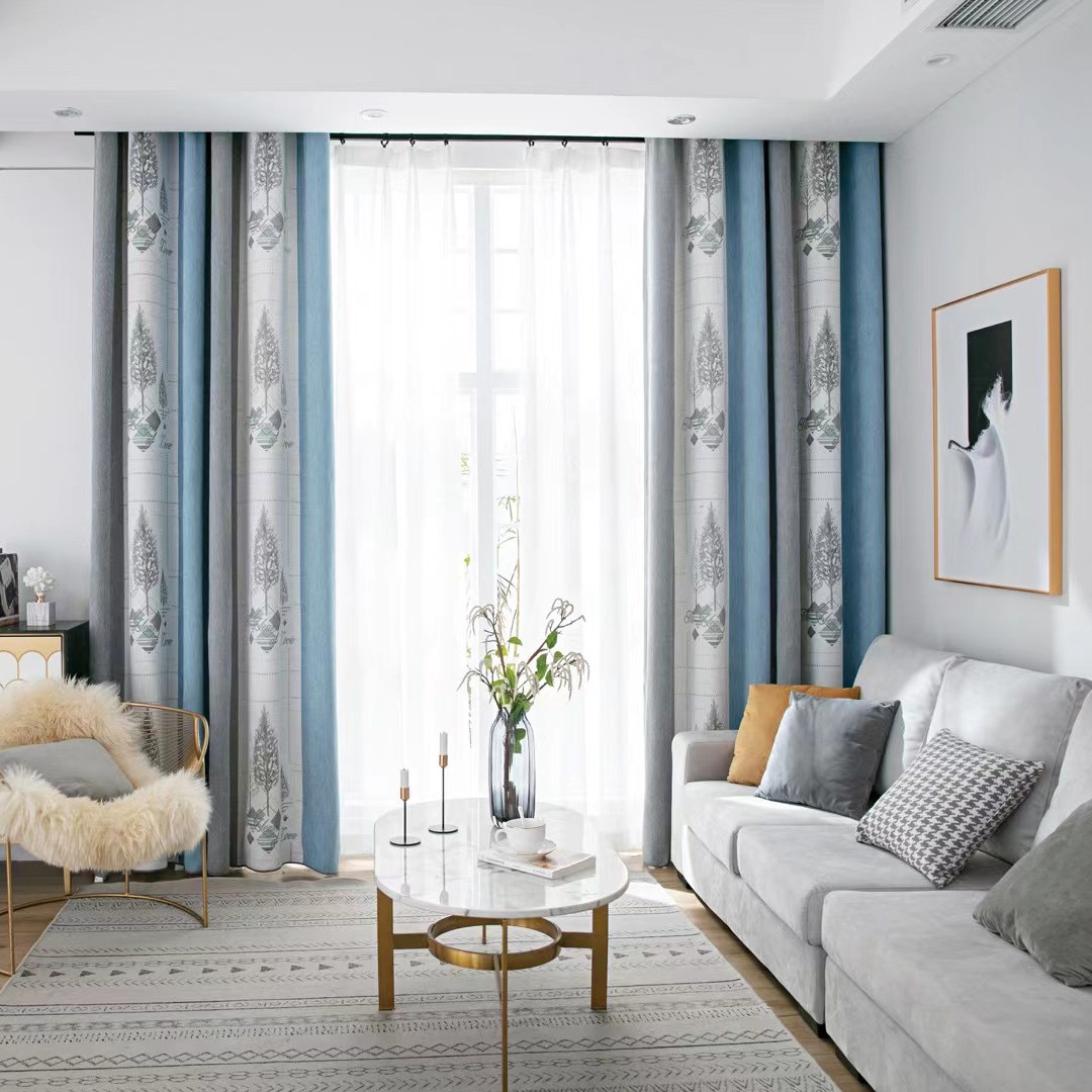 北欧简约风格窗帘植物花型窗纱拼接羊绒家用窗帘布成品可零售