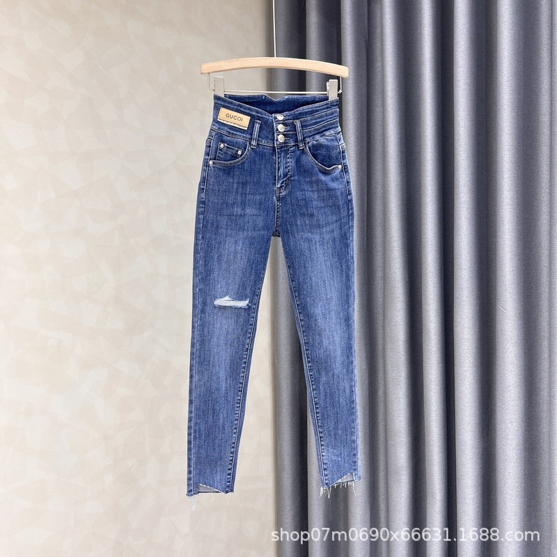 Women's Jeans 2023 Korean Style High Waist Slimming Holes Skinny Stretch 13 Lines Women's Denim Factory Leftover Stock Wholesale