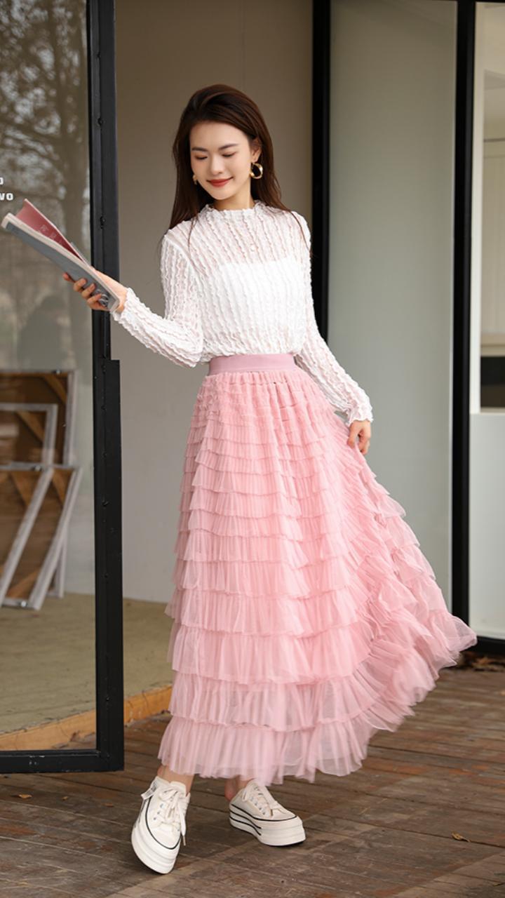 秋冬多巴胺层层叠叠仙女裙 高腰松紧蛋糕裙长款a字网纱半身裙女