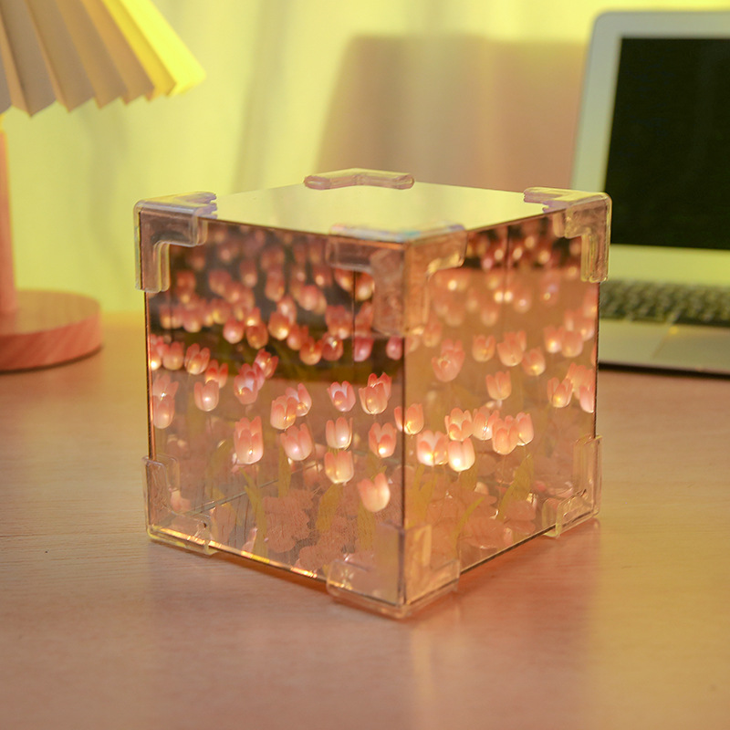 Creative Diy Tulip Flower Sea Cube Three-Dimensional Small Night Lamp Material Package for Girlfriend Couple Girlfriends Three-Eight Gift