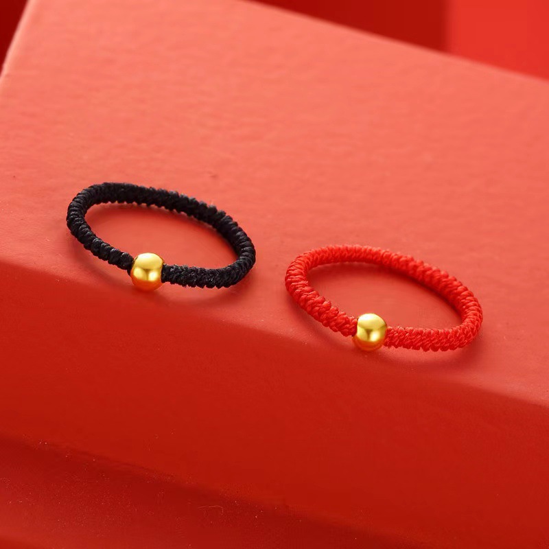 18k金转运珠戒指情侣款手工编织红绳足金999小金珠情人节直播批发