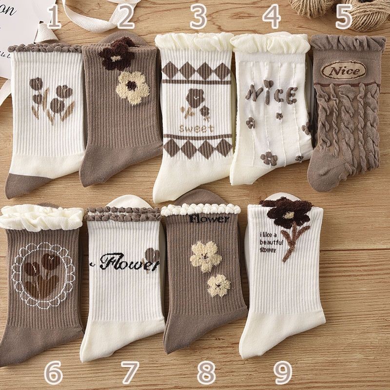 Women's Socks Autumn and Winter Plush Flower Stockings Ins Trendy All-Match Good-looking Mori Style Student Coffee Color Lace Mid-Length