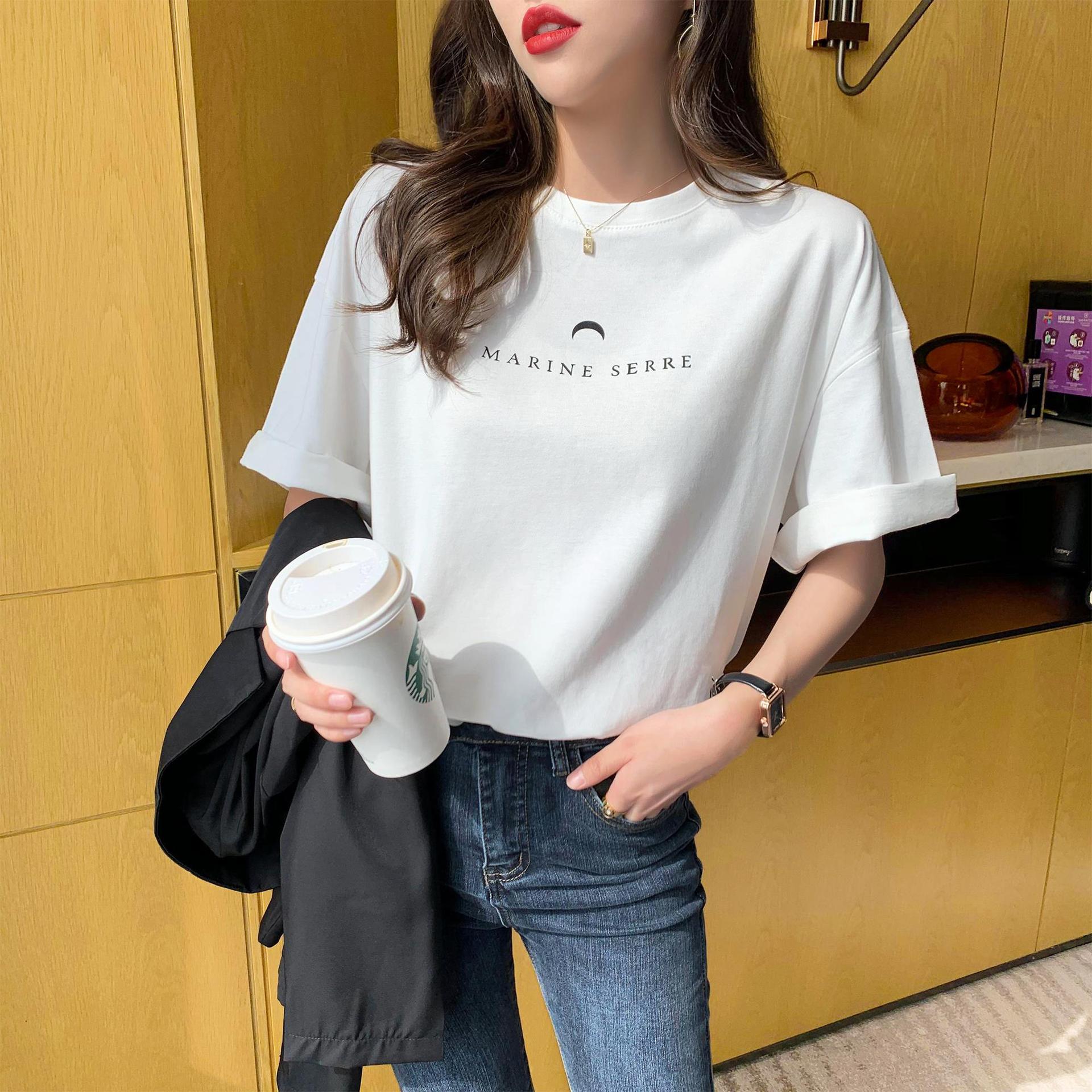 夏季2022新款ins潮白色中袖t恤女宽松纯 棉体恤衫百搭半袖上衣女