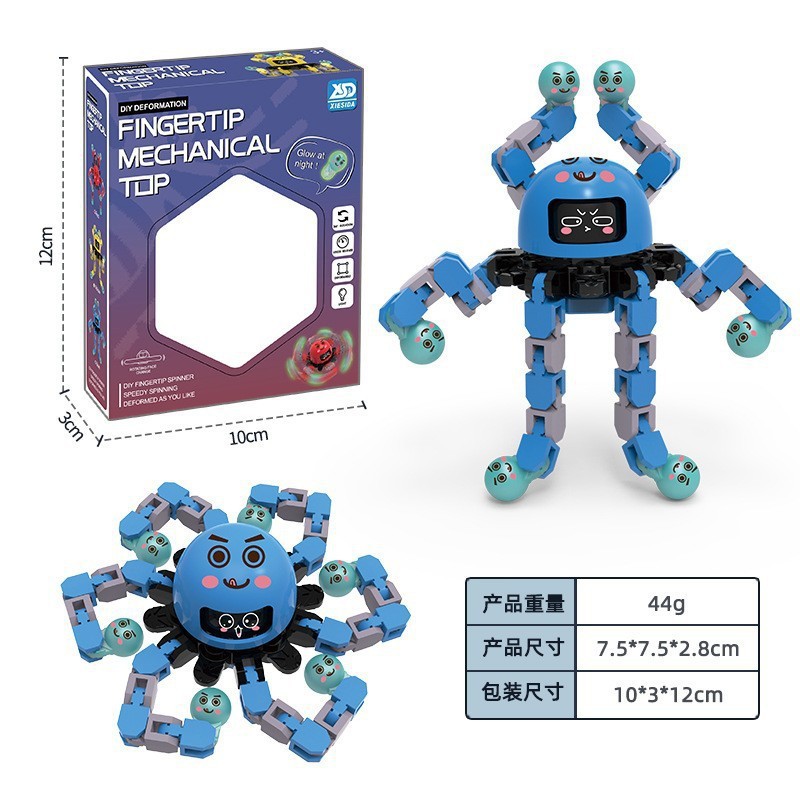 Cross-Border Hot Fingertip Changeable Gyro Face Changing Toy Octopus Robot Decompression Luminous Machinery Gyro Wholesale