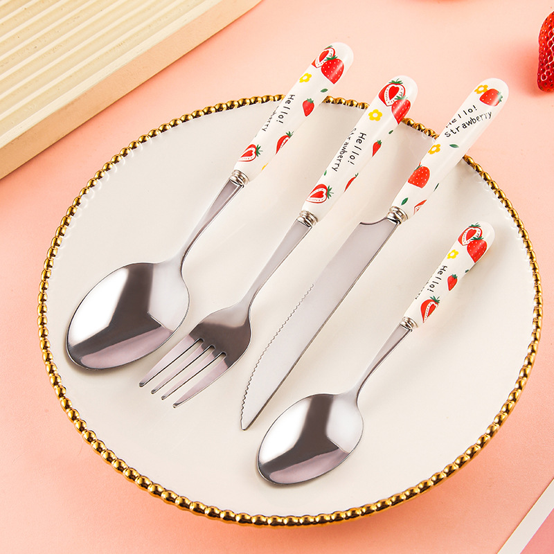 Stainless Steel Tableware Cute Cartoon Teenage Girl Heart Strawberry Porcelain Handle Main Meal Knife, Fork and Spoon Spoon Factory Wholesale Spot