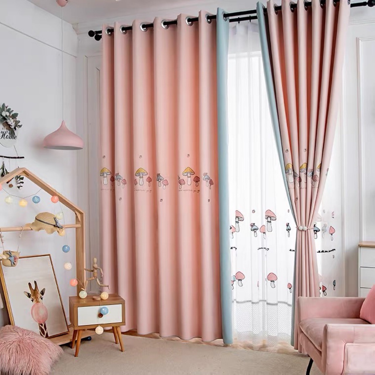 窗帘卧室少女小清新粉色公主窗帘女孩房间儿童房卡通短款ins窗帘