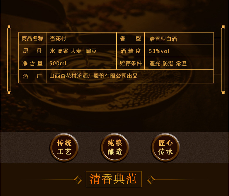 商品描述储存条件常温是否礼盒装是热卖月份全年包装规格53度汾酒股份