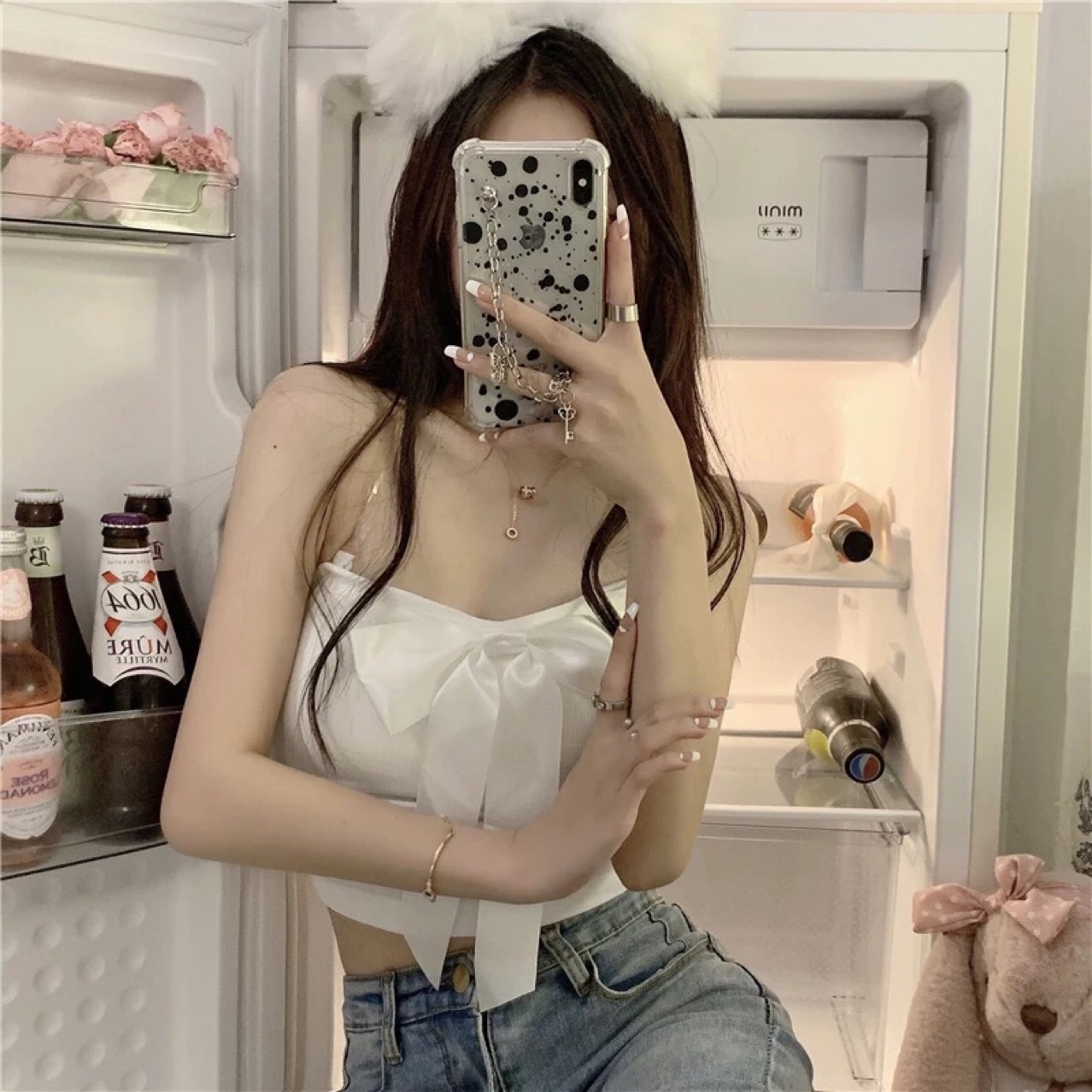 2021夏季新款网红透明肩带蝴蝶结性感吊带修身上衣针织打底背心女