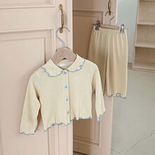 宝宝衣服秋款华夫格撞色木耳边开衫+长裤婴儿套装女童睡衣家居服
