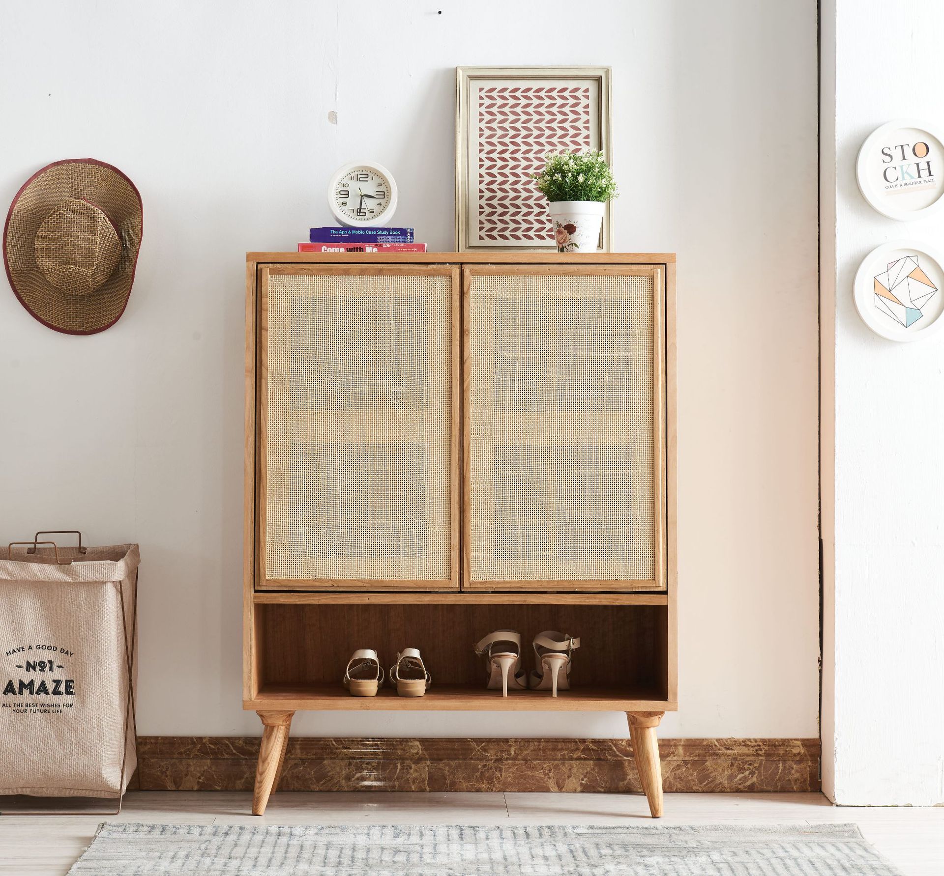 日式藤编实木家用透气大容量门口玄关简约经济型鞋柜收纳柜