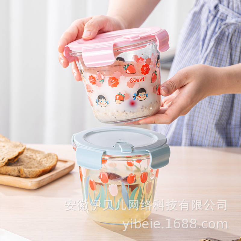 Thickened Glass Lunch Box Soup Bucket Microwave round Fresh-Keeping Bowl Cartoon Student Lunch Box Household Fresh-Keeping Box