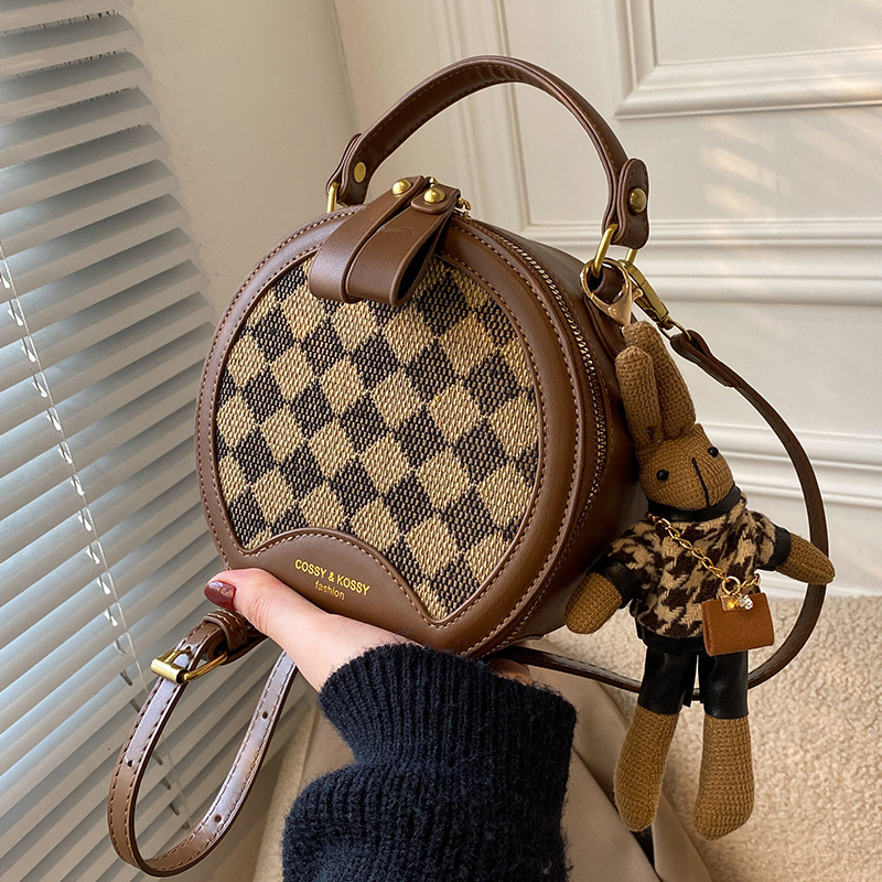冬季复古包包女2022新款网红时尚手提单肩女包格子斜挎百搭小圆包