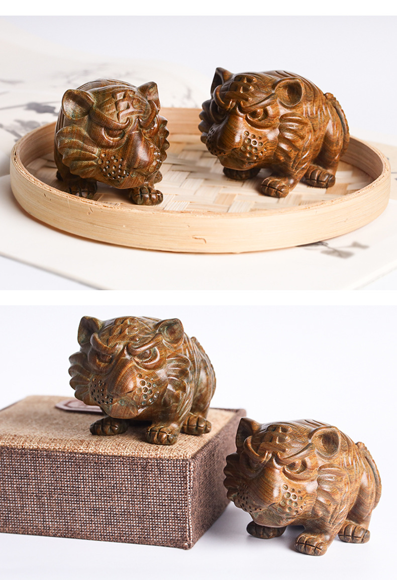 绿檀工艺木雕十二生肖老虎手把件文玩摆件虎虎生威原木工艺品摆件