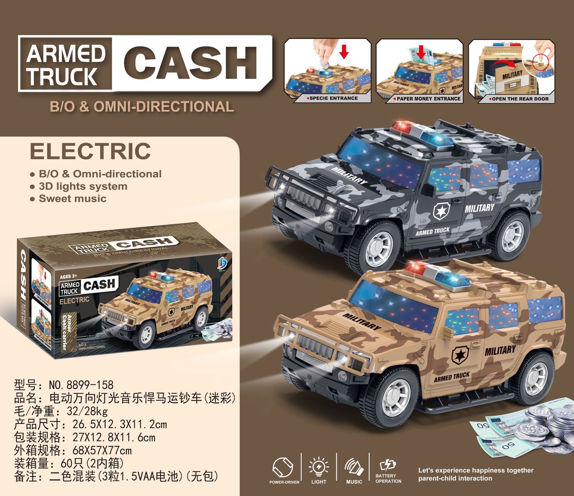 跨境电动万向灯光音乐悍马迷彩运钞车儿童卡通礼品玩具摆地摊批发