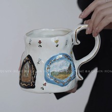 原创复古陶瓷杯设计感手绘水杯大容量高颜值带把马克杯子节日礼物