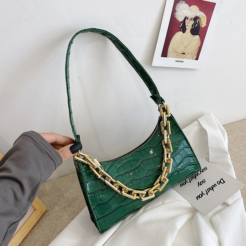 Cross-Border Small Bag for Women 2022 New Solid Color Thick Chain Underarm Bag Fashion Crocodile Pattern Shoulder Bag Wholesale Bag