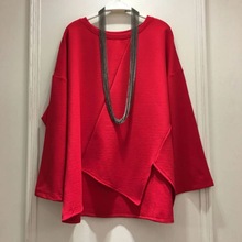 红色时尚卫衣宽松大码女装纯色拼接不规则恤女蝙蝠袖休闲上衣潮