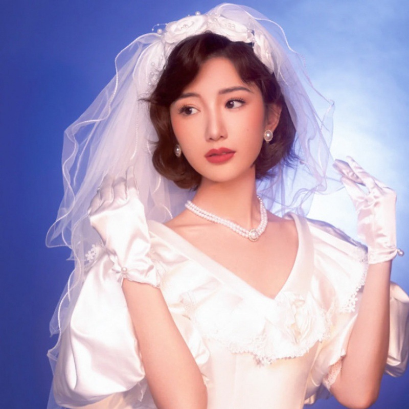 复古头纱新娘头饰婚纱照艺术照发饰多层蓬蓬纱玫瑰花婚纱造型头箍