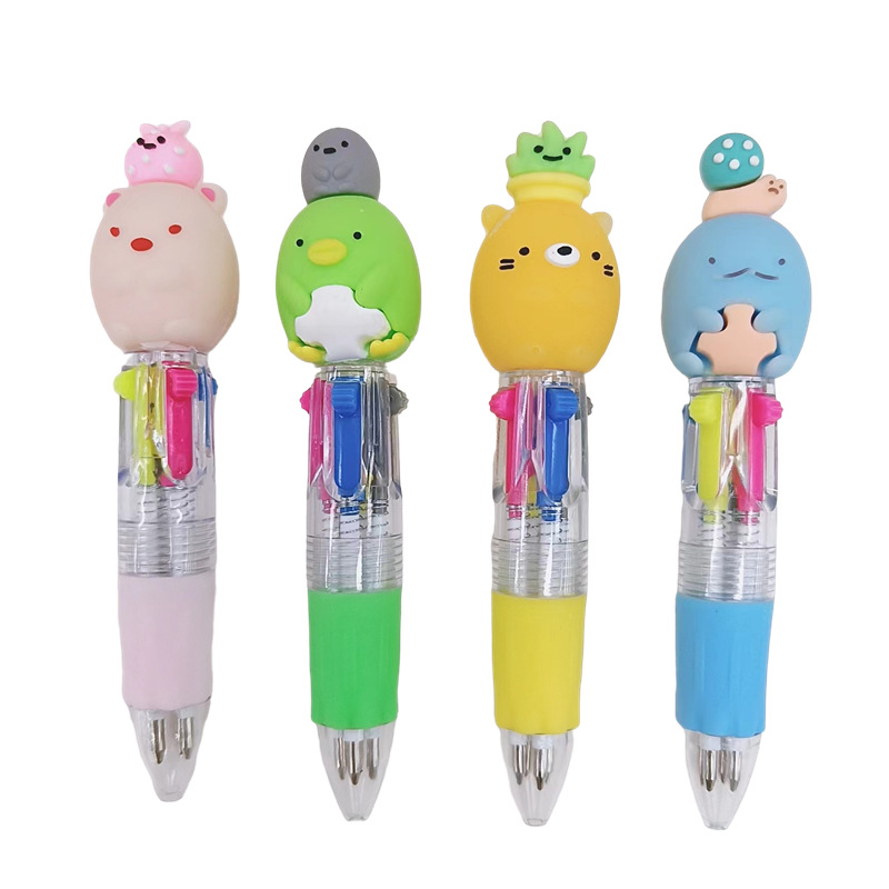 Cute Cartoon Mini Four-Color Ballpoint Pen Silicone Short Pen Easy to Carry 4 Color Pen Student Journal Multi-Color Ballpoint Pen
