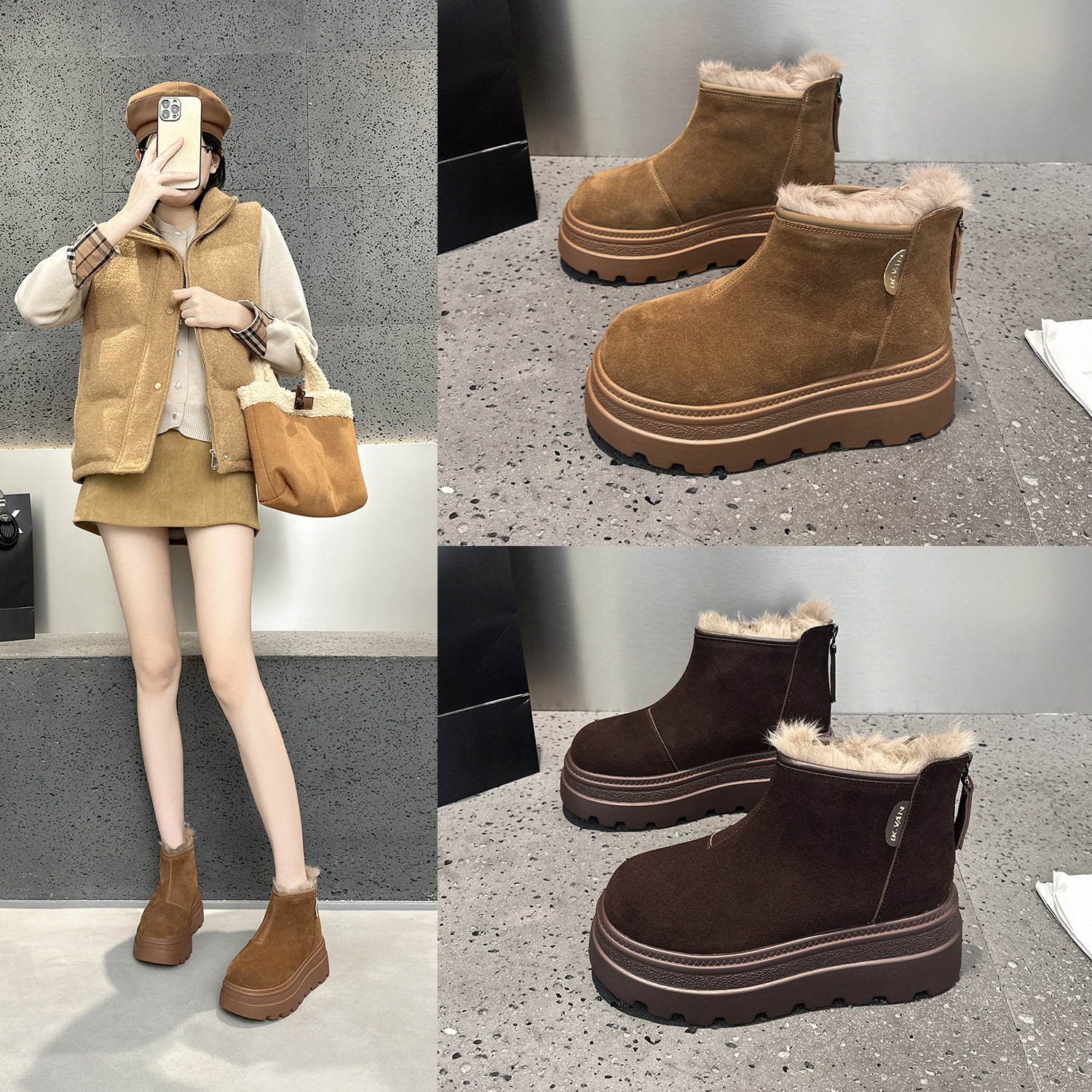 2616小个子时尚厚底增高后拉链马丁靴加绒2025冬短筒短靴防滑女靴