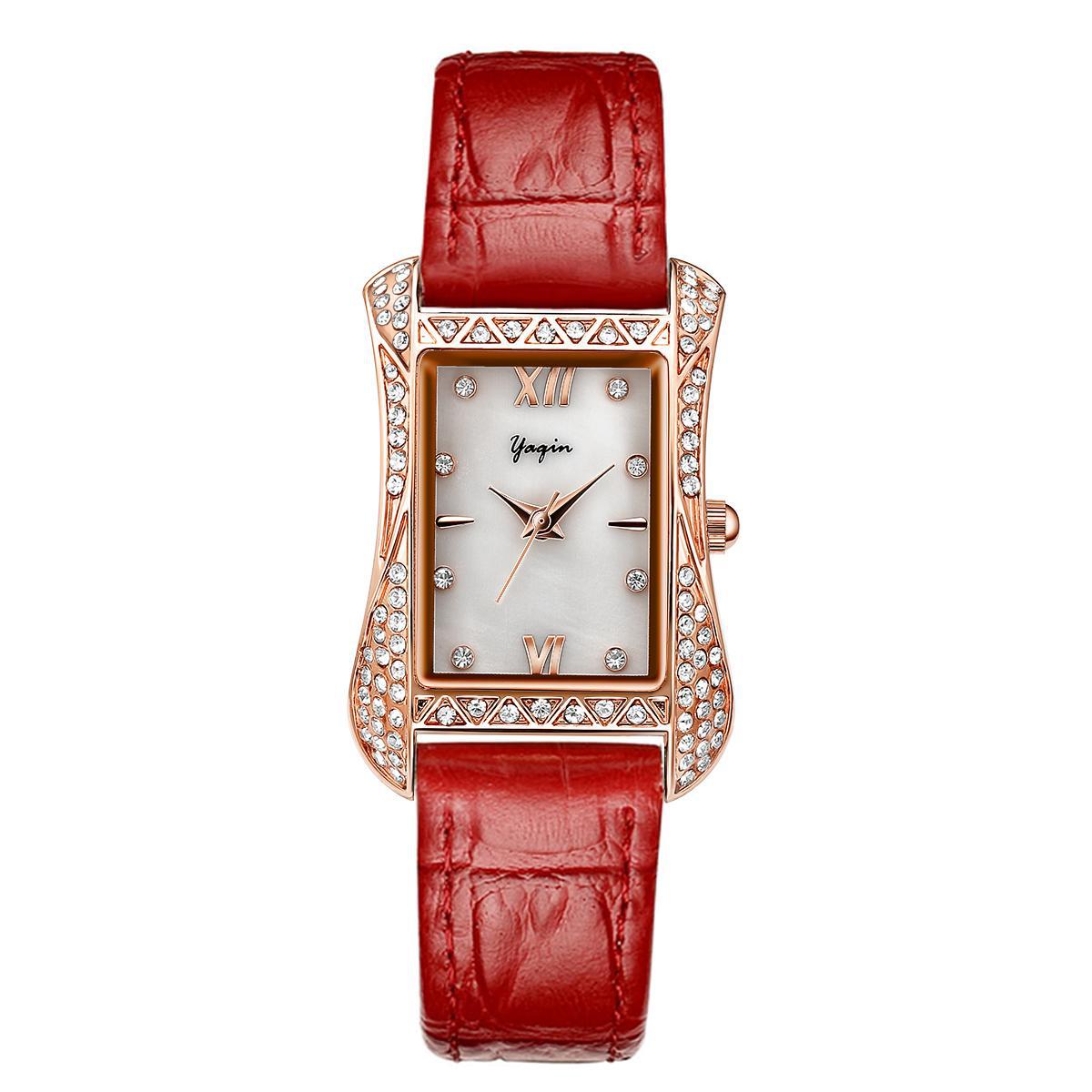 雅琴手表女表长方形小蛮腰镶钻真皮带防水品牌时尚女士腕表小方表