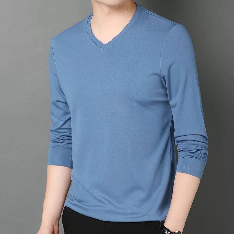 2023 Long-Sleeved T-shirt Men's Spring and Autumn Thin Slim Fit Casual Fall Clothing Bottoming V-neck T-shirt Underwear