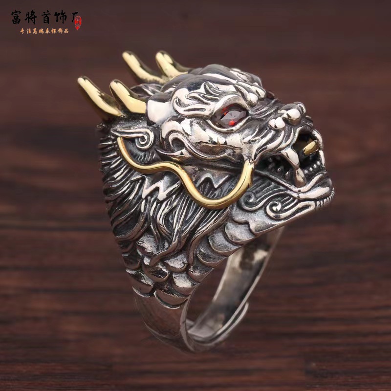 s925纯银龙头戒指复古泰银做旧工艺国潮风金角龙须霸气男开口可调