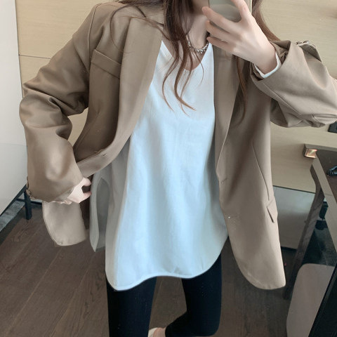 2023 Early Autumn New Base Shirt Loose Cotton White Long Sleeve T-shirt Women's Split Large Version Outer Wear Western Style Top