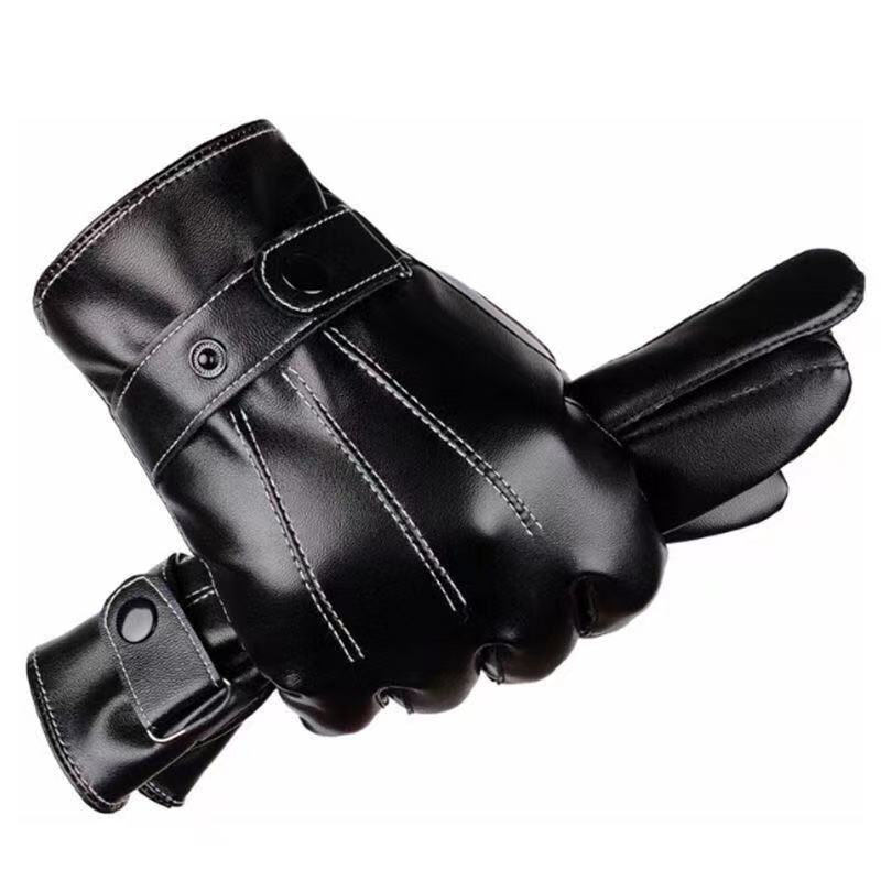 Autumn and Winter Black & Warm Gloves Fleece-Lined Riding Touch Screen Windproof Gloves Pu Men's and Women's Thickened Leather Gloves Wholesale
